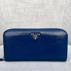 Prada Grained Leather Long Wallet Blue
